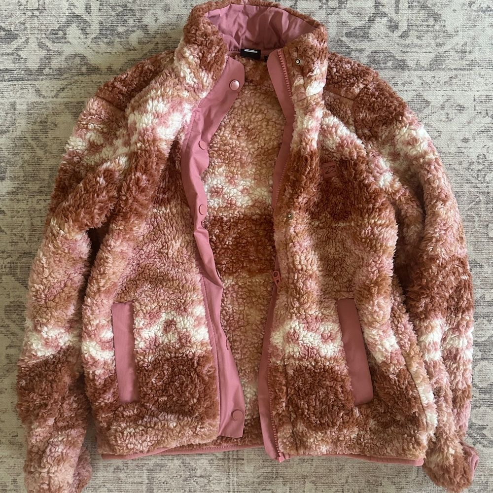 Billabong Cozy Days Sherpa Fleece Jacket Pink Brown Geometric Full Zip L